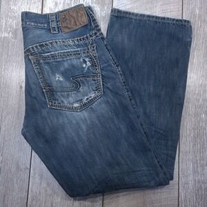 Silver Jeans Gordie Jeans Mens 32x32 Blue Loose Fit Distressed Heavy Stitch